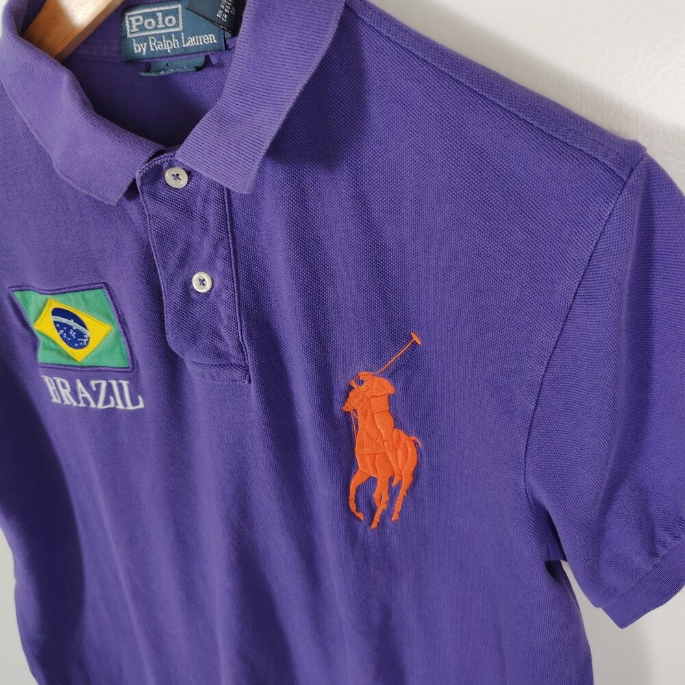 Polo Ralph Lauren Brazil Rugby Polo Shirt Men Medium Purple Big Pony 3 Flag Logo - Picture 3 of 7